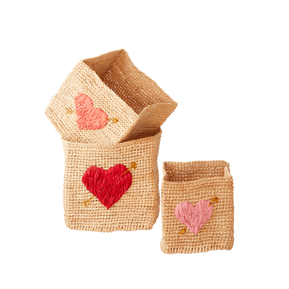 Set of 3 Raffia Storage Baskets Embroidered Hearts Rice DK